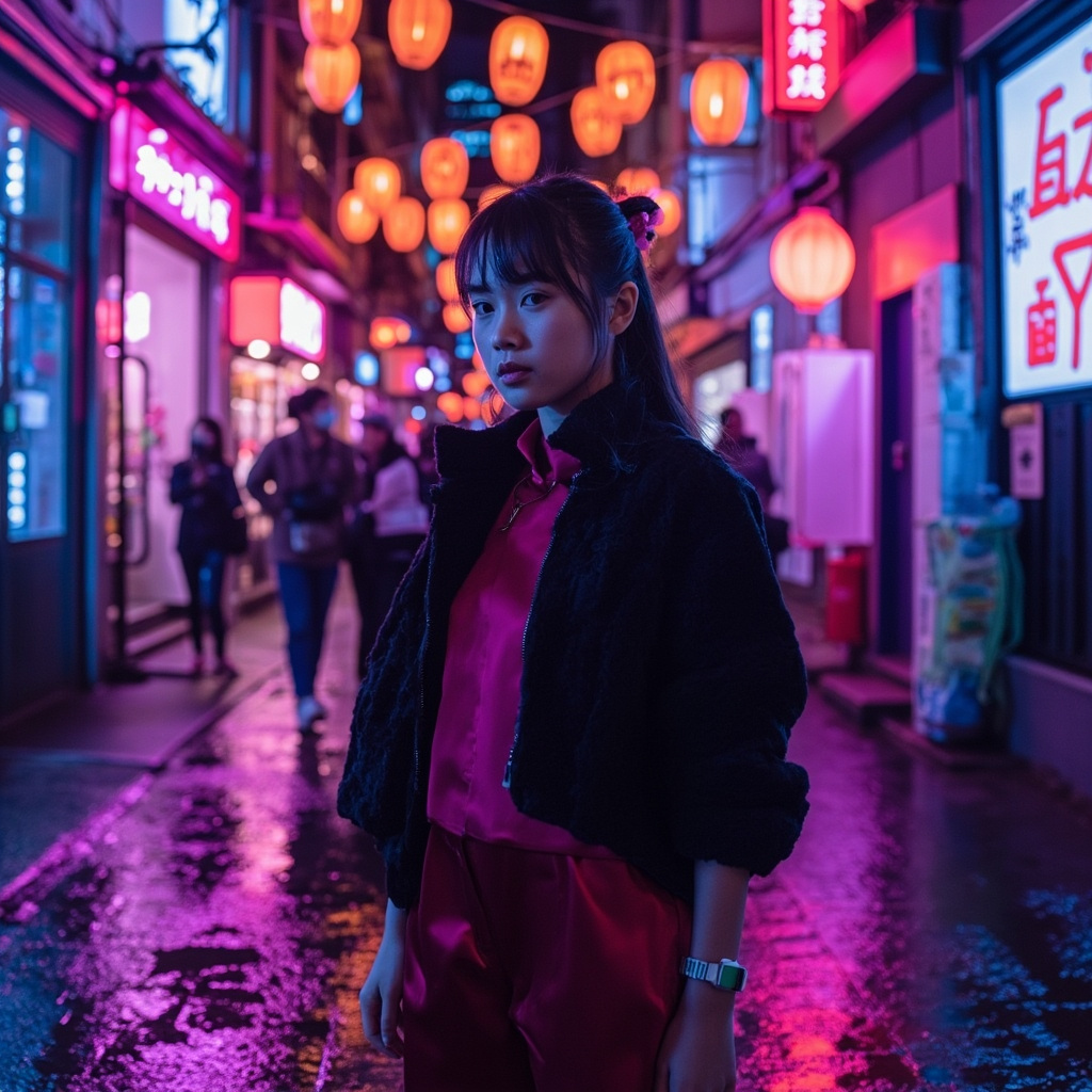 霓虹雨巷：傳統與未來的交融少女